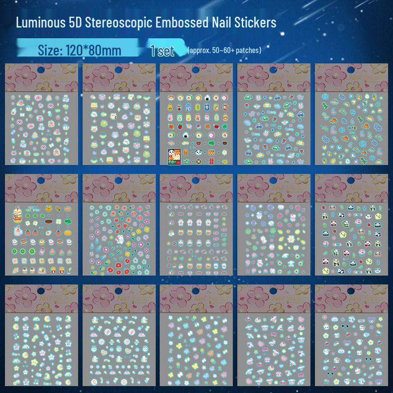 Glow-in-the-Dark 5D Embossed Nail Stickers for Girls - Waterproof, 3D Princess Design