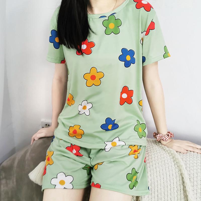 Letni zestaw piżam damskich: Okrągły dekolt, Krótki rękaw, Nadruk z kreskówką, Odmładzająca odzież domowa