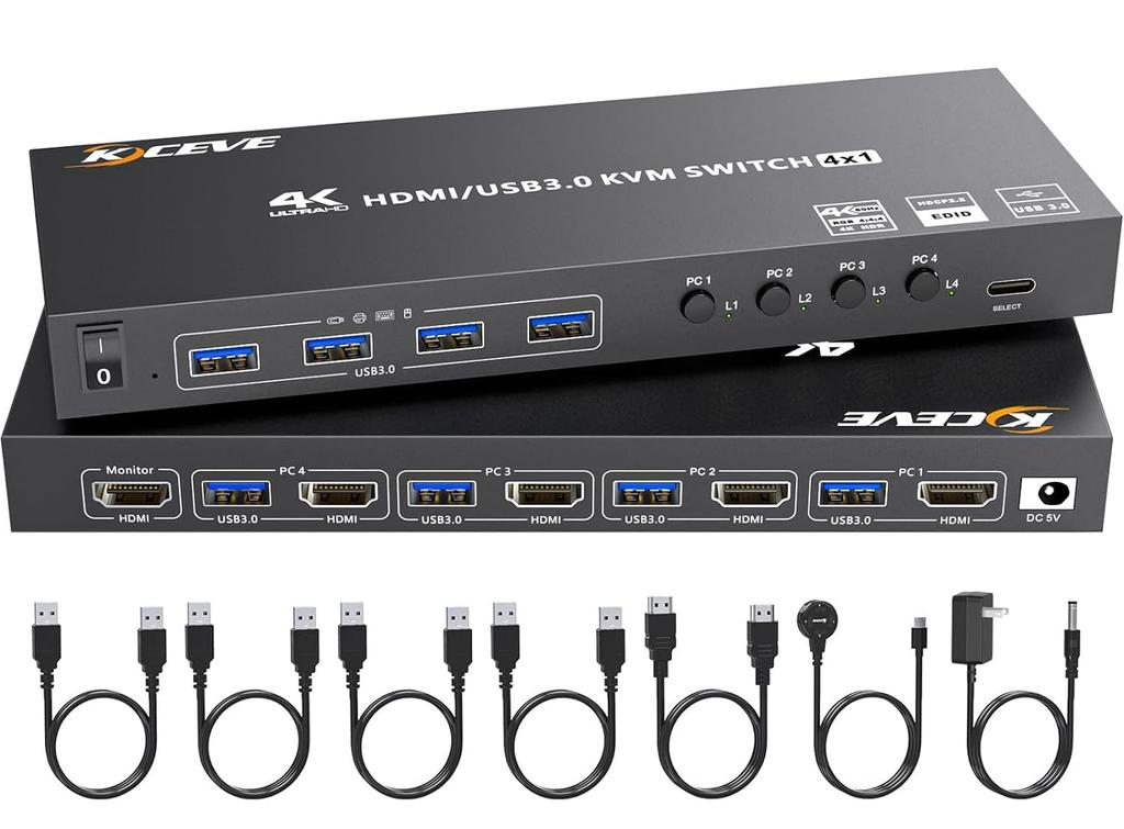 KCEVE HDMI USB3.0 KVM Switch, 4 Inputs, 1 Output, 4K@60Hz Support, EDID Emulation, 4 x USB3.0 Ports, Switches between 4 PCs and 1 Monitor, Keyboard an