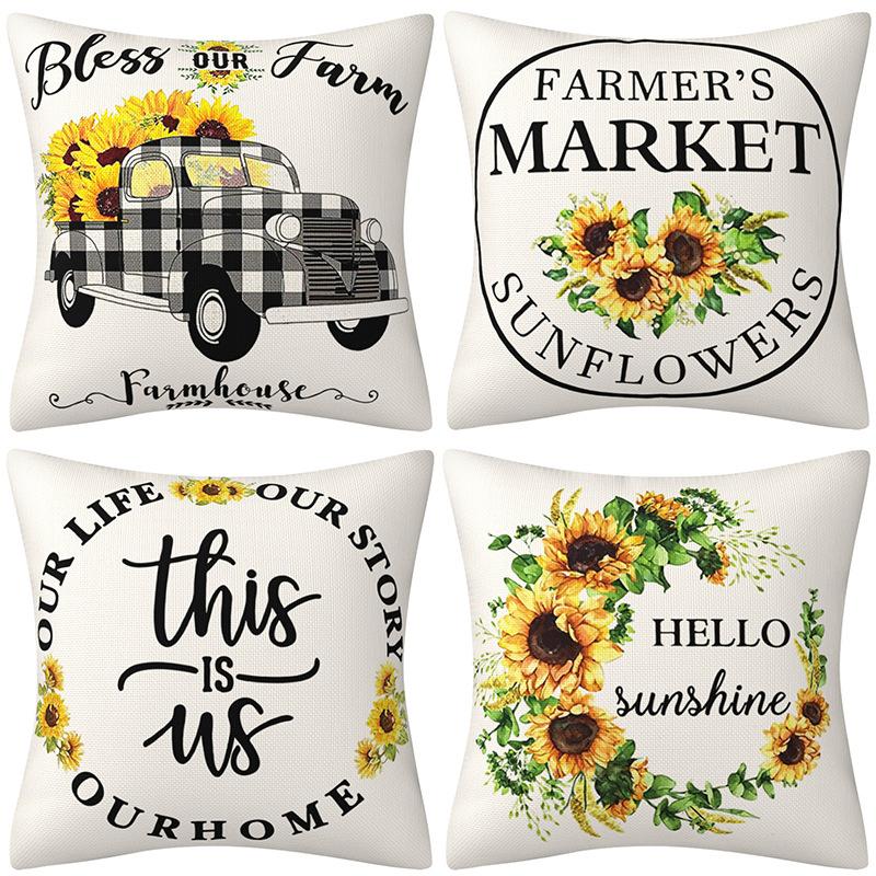 New Spring and Summer Sunflower Truck Pillow Cushion Pillow Case Black and White Plaid Linen Pillow Case
