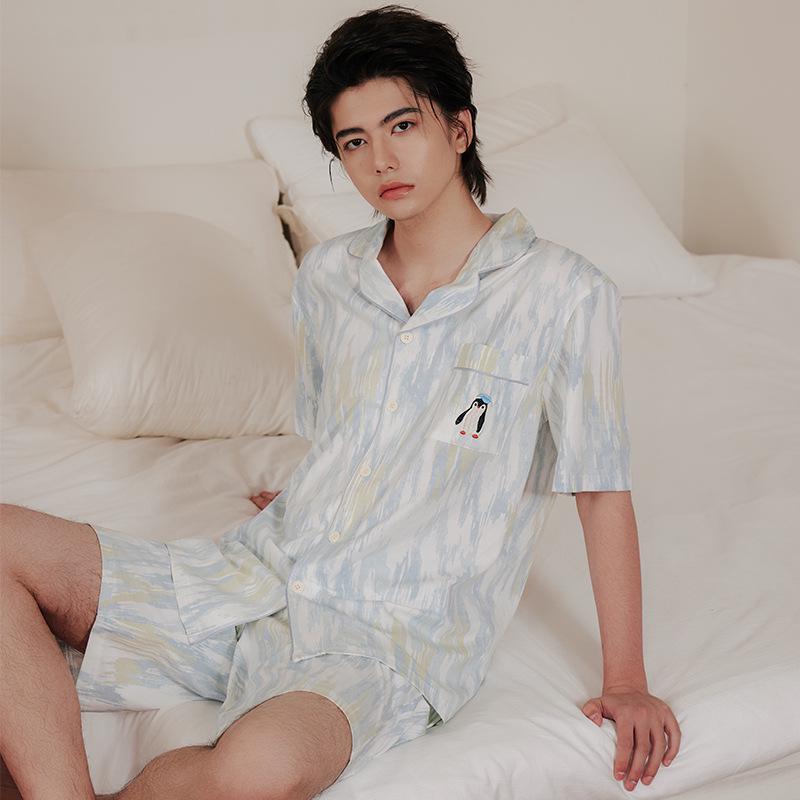Penguin Blue Stripe Lycra Cotton Pajamas for Couples - Antibacterial & Anti-mite Homewear 175 (XL) for 125-145 lbs