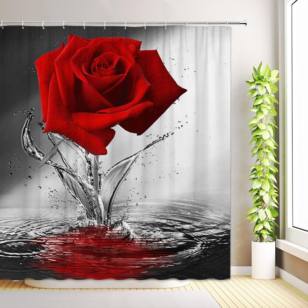 Red Rose Flower Shower Curtain Romantic Paris Vintage Eiffel Tower Stamp Floral Butterfly Abstract Art Bathroom Decor with Hooks