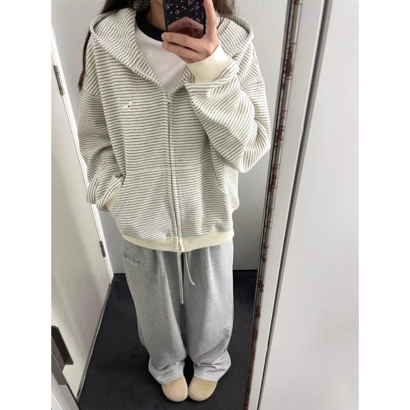 

Original Grey & White Striped Zip-Up Hoodie - Autumn/Winter Loose American Style Cardigan Small