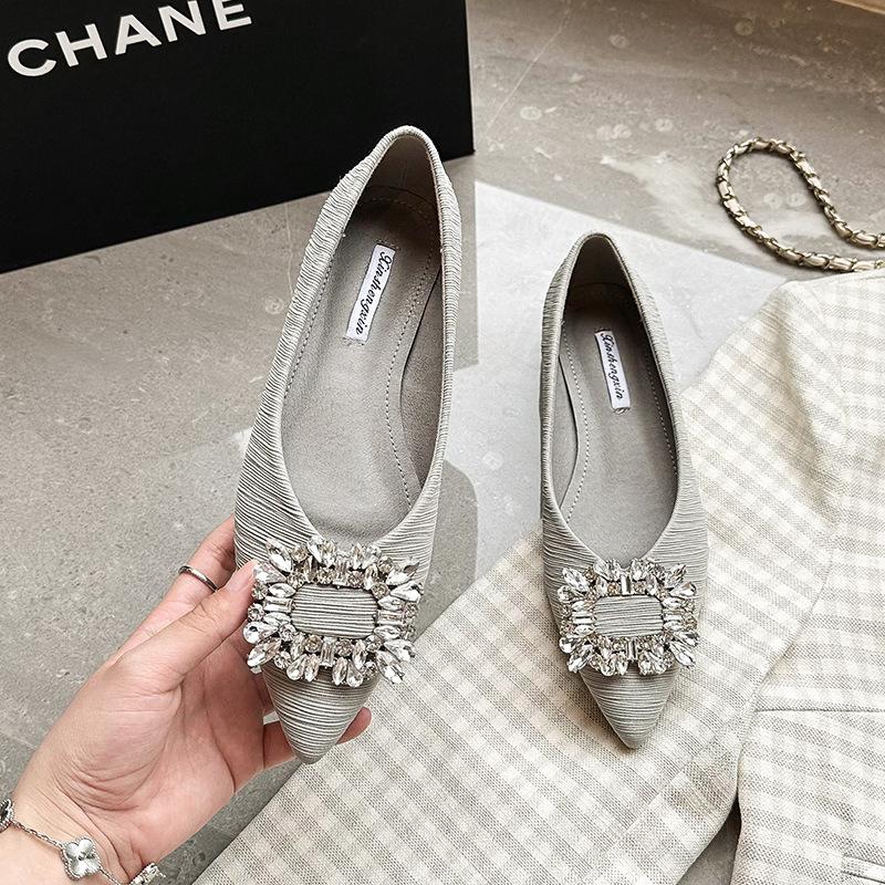 Fashion Luxury Striped Fabric Flats Women Sparkle Stone Shoes Ladies Ballets Pointed Toe Office Dress Loafers Woman Brides Wedding Shoes
