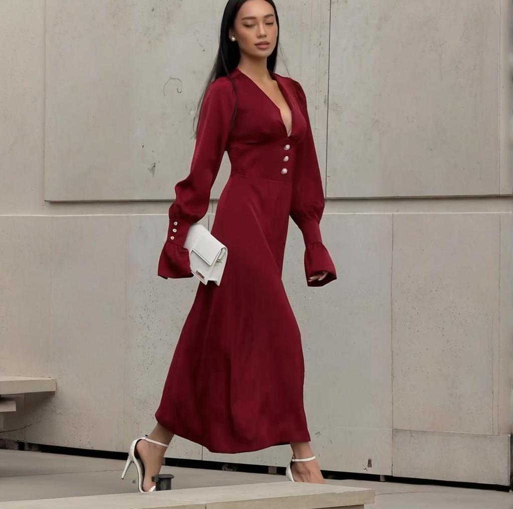 2025 Summer European & American Square Neck Sexy Deep V Slimming Long Sleeve Evening Dress