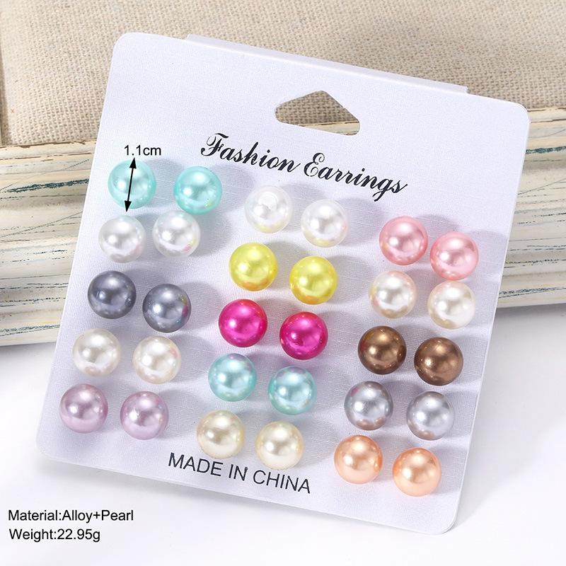 Europe and the United States hot-selling round color dopamine stud earrings simple temperament artificial pearl stud earrings set 11 pairs