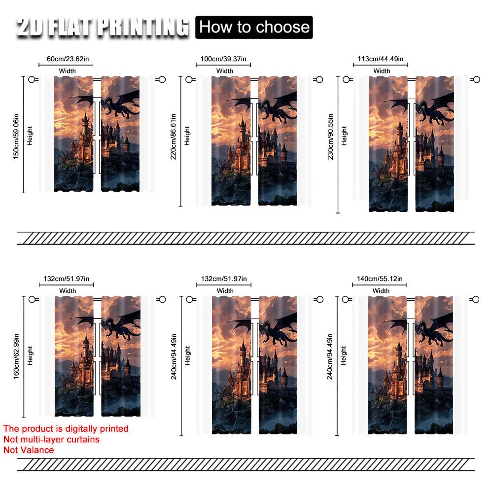 Set Of 2 Plane Printing Pattern Curtains Fantasy Dragon City Scene Versatile Durable Polyester Without Rod Festive Perfect Curtain