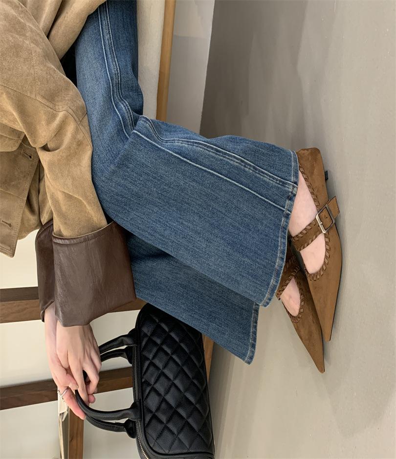 

Suede pleated pointed head shallow mouth single shoes women s shoes thick heel 2025 autumn and winter Korean version one-word buckle belt Mary Jane 39 светло-коричневого