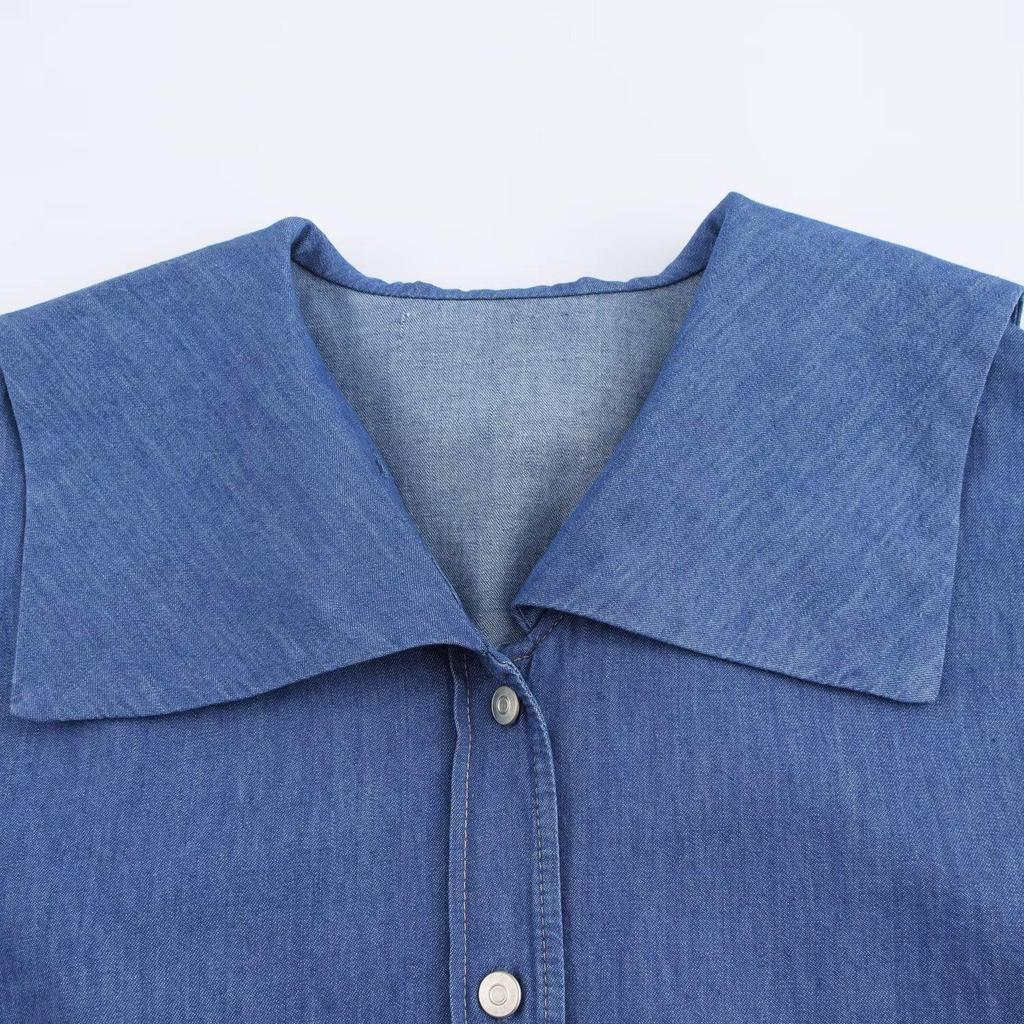 2025 Spring Women's Denim-Look Cotton Point Collar Long Sleeve Shirt (European/American Style)