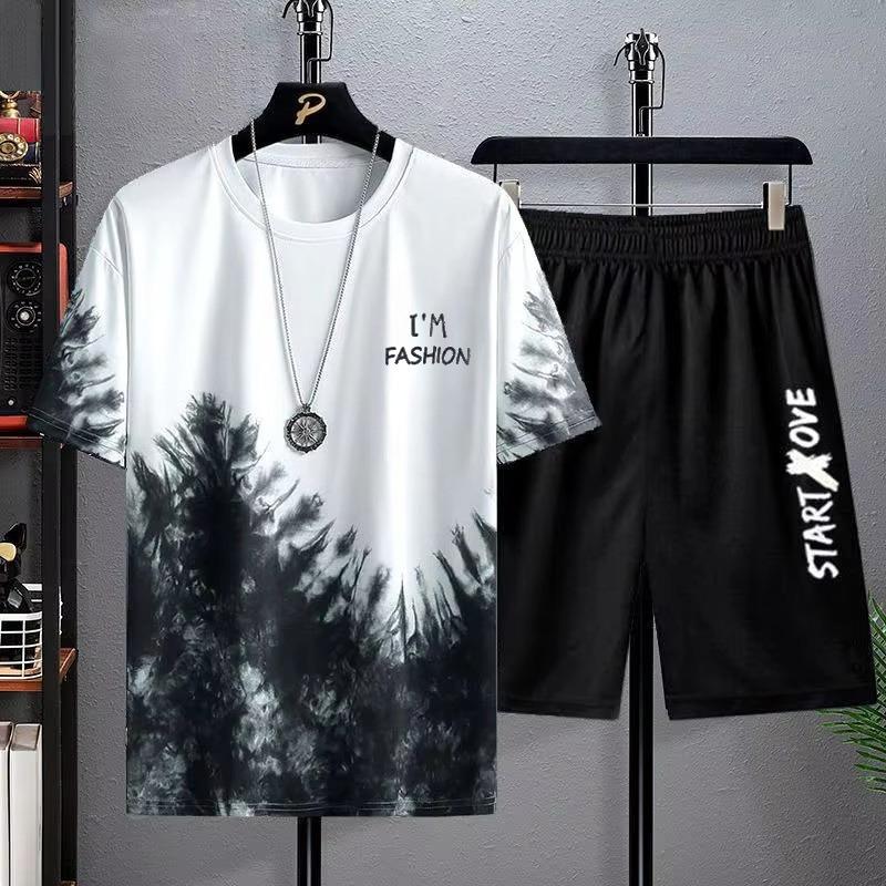 Men's Sets 2025 Summer Fashion T Shirts Casual Polyester Gradient Shorts Set Men's Sporty Two-piece Outfit Basketball Tracksuits