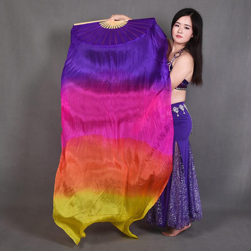 1 Pcs 150cm Length Belly Dance Fan Gradient Color Real Silk Bamboo Fans Practice Dance Silky Veil Stage Performance Props