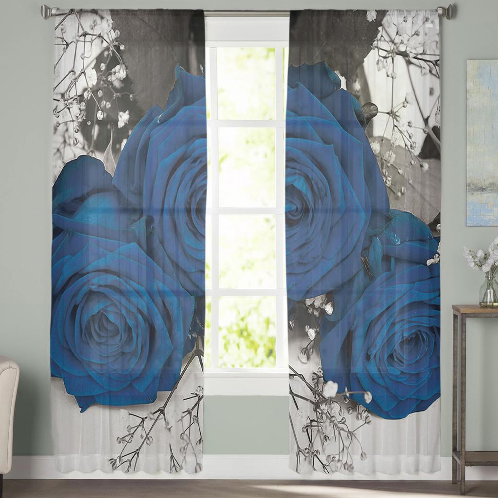 Blue Rose Flower Tulle Curtains for Living Room Printed Sheer Voile Curtain Bedroom Window Screening Drapes Blinds Home Decor