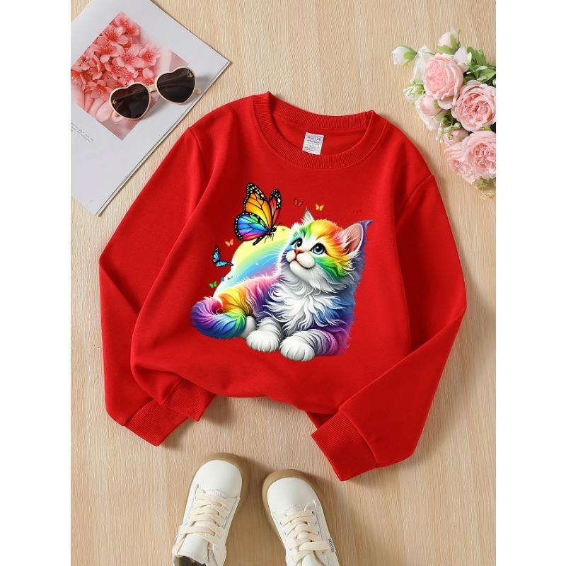 European sizes Girls' Soft Crewneck Sweatshirt Rainbow Cat Butterfly Print, Casual for Fall Winter, Ideal Holiday Present.