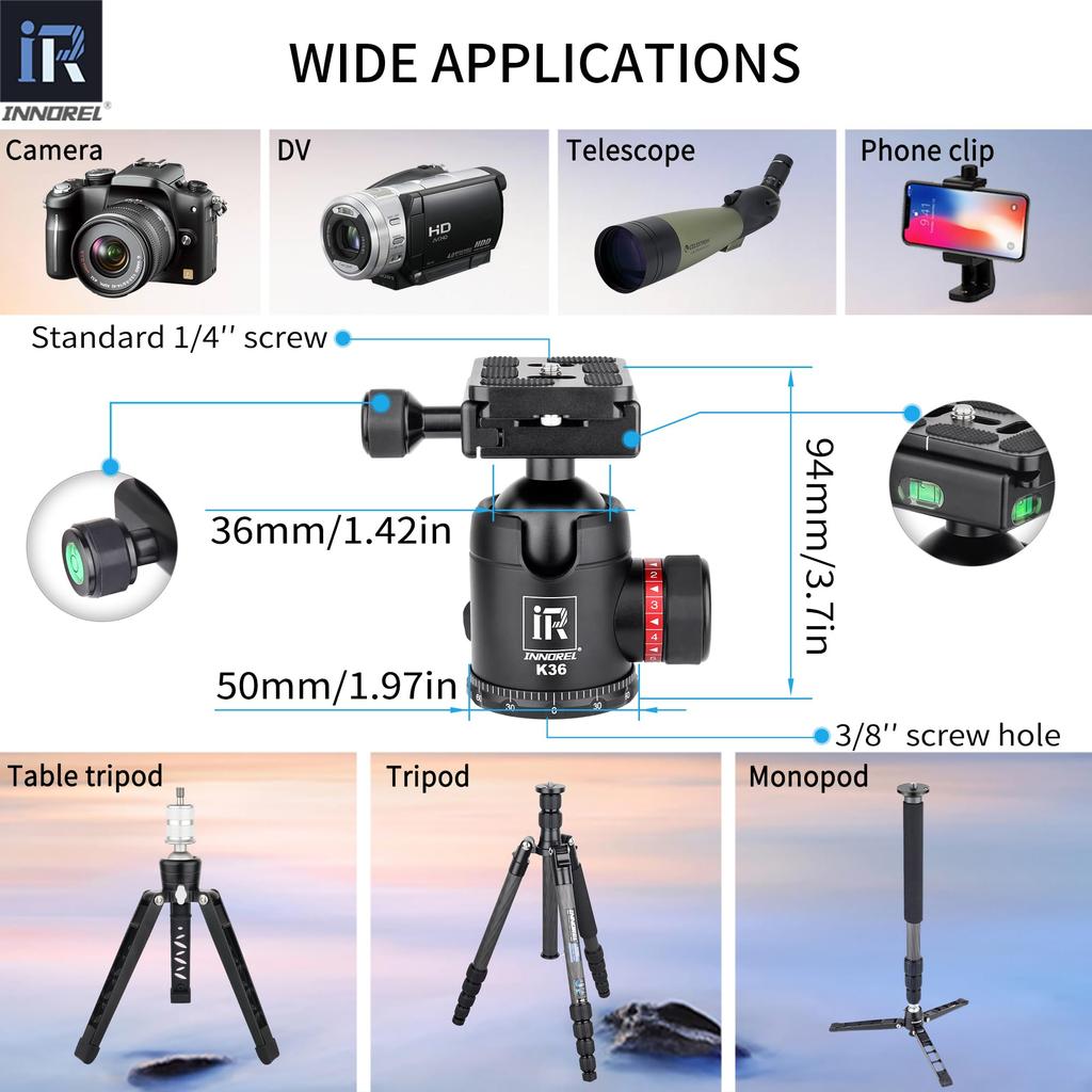 INNOREL Carbon Fiber Small to Medium 12kg Load Adjustable Tube Diameter Center Ball Head with Low Center of Nut for Digital Fireworks Outdoor Bag