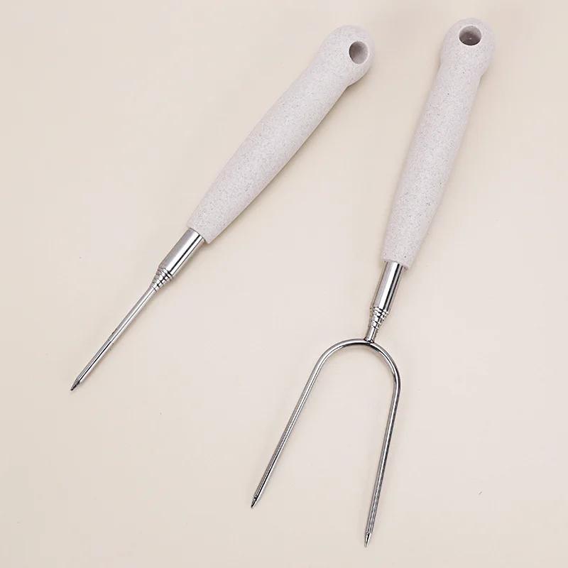 Outdoor BBQ Edelstahl Teleskopische Grillgabel U-förmiger Holzgriff Grillfleisch Grillspieße