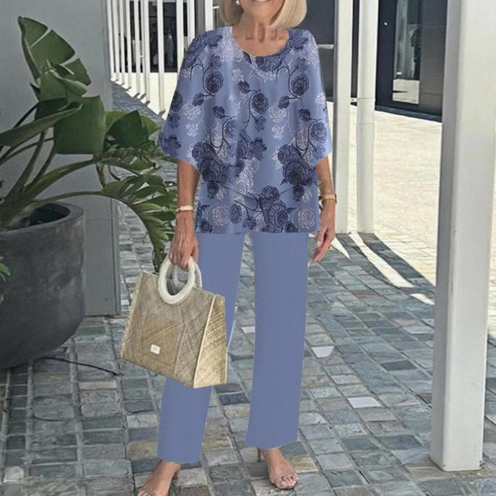 Women's Green Loose Fit Top with Leaf Print Pants Set, Casual Summer Outfit with Straw Bag