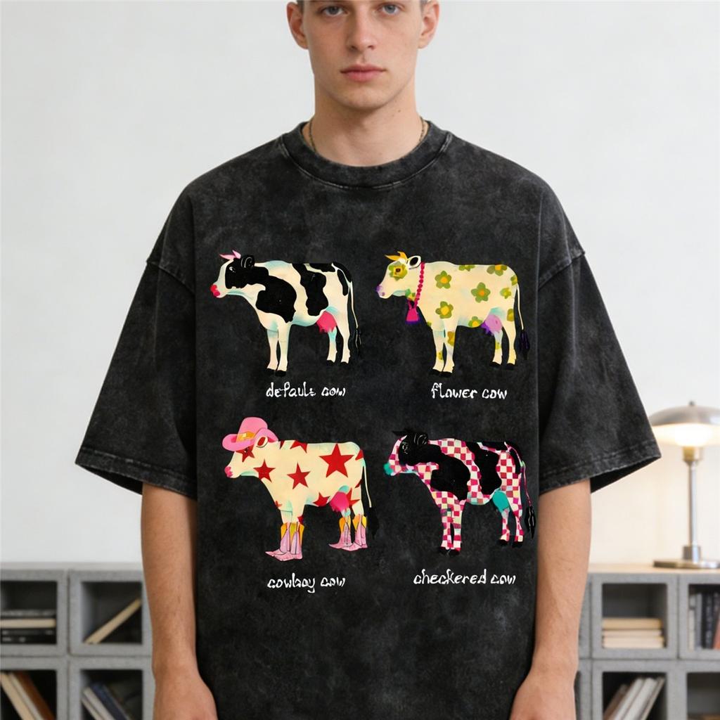 Fashionable Round Neck Printed T-Shirt, Pure Cotton, Stylish Washed Crew Neck, Unisex Style, New Trend, Casual High-Quality Short Sleeve,Y2K