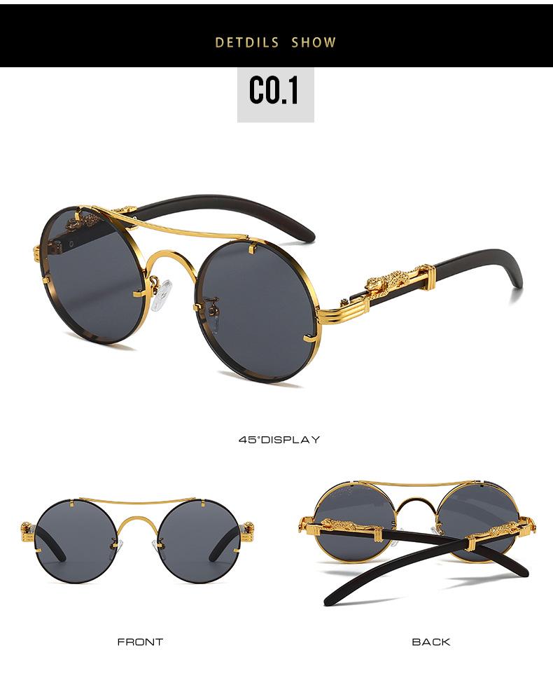 Cross-Border Retro Double-Bridge Leopard Head Men's Metal Round Sunglasses