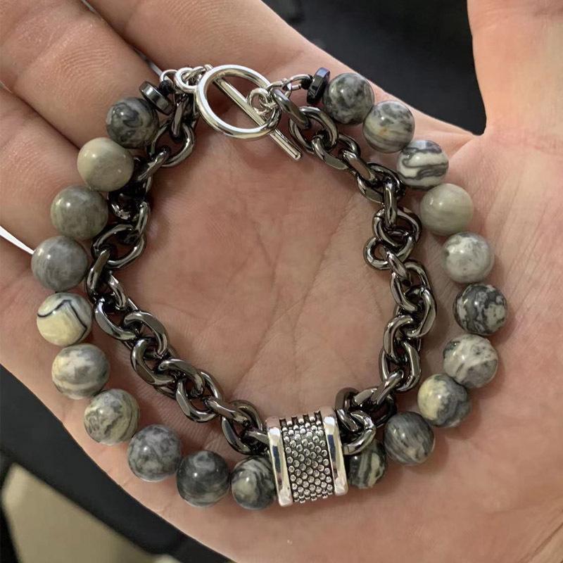 Natural Map Stone & Stainless Steel Men's Beaded Bracelet - Unique Fashion Jewelry