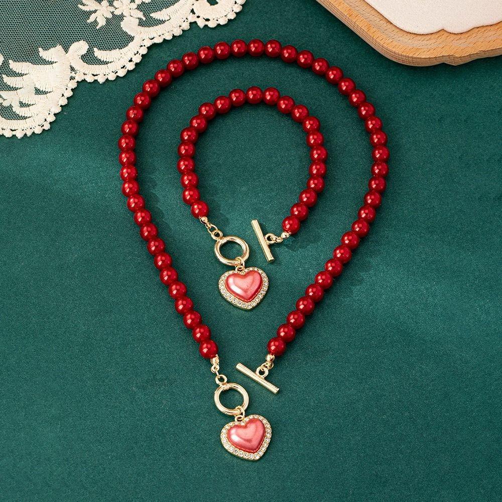 Exquisite Heart Pendant Jewelry Set Beaded Pearl Necklace Set Necklace Bracelet Set  Wedding Party
