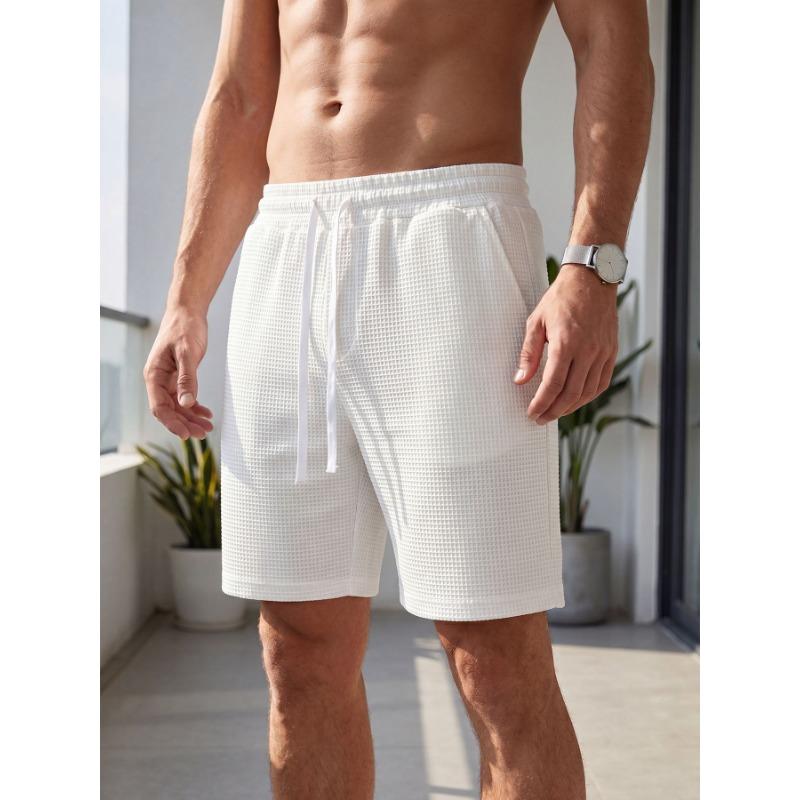 Mens Solid Color Waffle Drawstring Pockets Casual Straight Summer Shorts