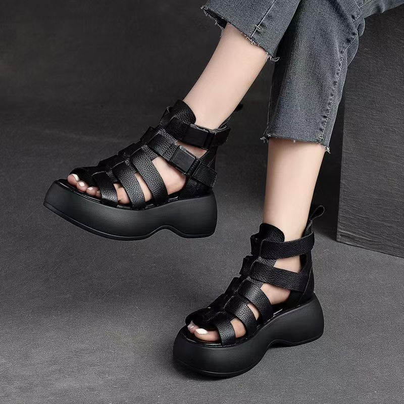 Women Leather Hollow Out Thick Sole Peep Poe Cool Boots Summer New Lightweight Breathable Fashionable Velcro High Top Sandals