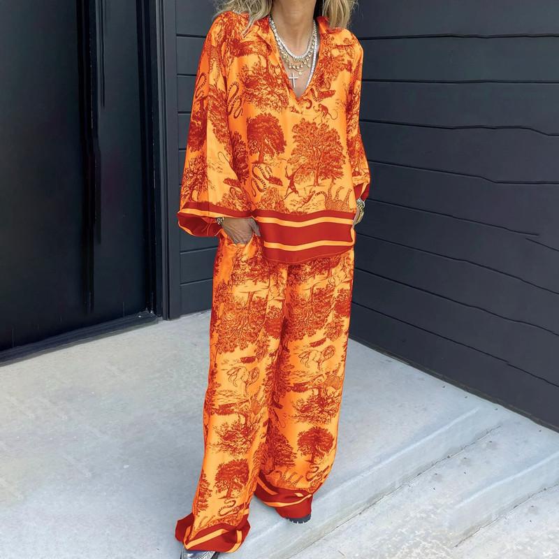 Damlångbyxor för kvinnor Fashionista V-ringad Tryckt Långärmad Ficka Casual Dam Casual Kostym