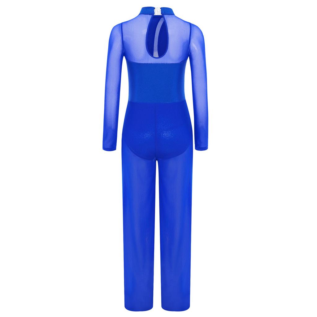Transparenter Netz-Jumpsuit mit weitem Bein und Metallic-Effekt für Mädchen: Langarm Ganzkörper-Trikot mit Schlüsselloch-Rücken für Gymnastik und Bühnenauftritte