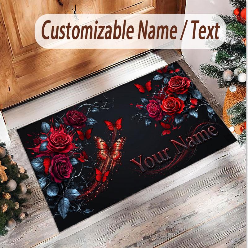 Rose Floral Theme Soft Crystal Velvet Rug Custom Name & Text Print Non Slip Floor Rug for Bedroom Living Room