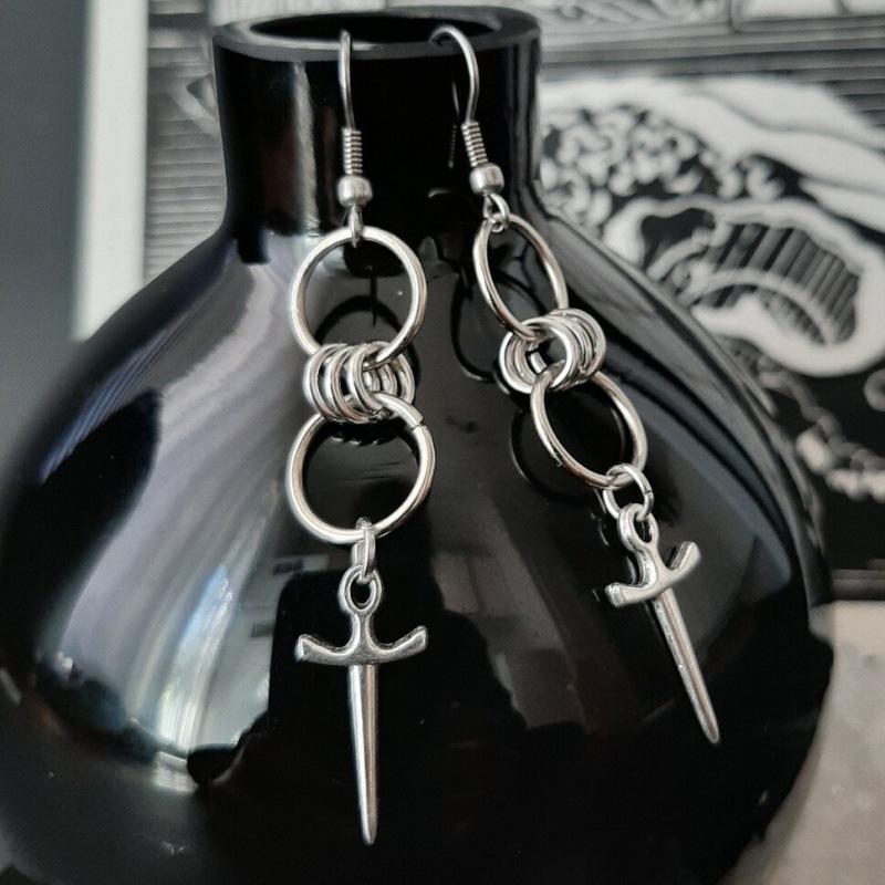 Gothic Double Hoop Earrings with Pendant for Women in Punk Style Zinc Alloy