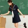 Set gonna uniforme scolastiche JK: Blu Navy Pieghettato Stile College con Maniche Lunghe e Corte e Design a Tre Bottoni