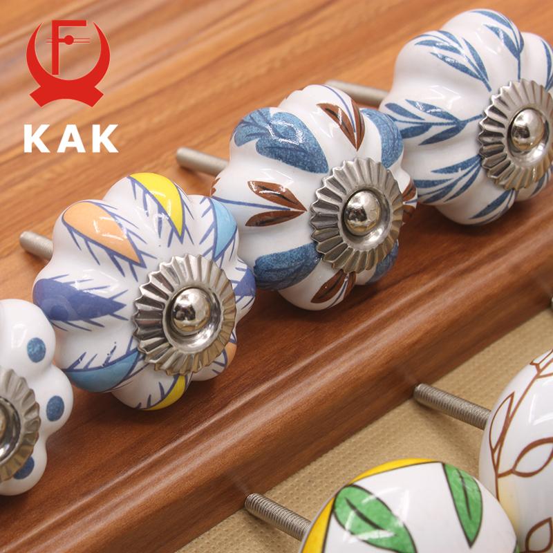 KAK 40mm Hand-painted Ceramic Drawer Knobs Porcelain Pumpkin Cabinet Knobs Cupboard Handles with Base for Kids Furniture Handle
