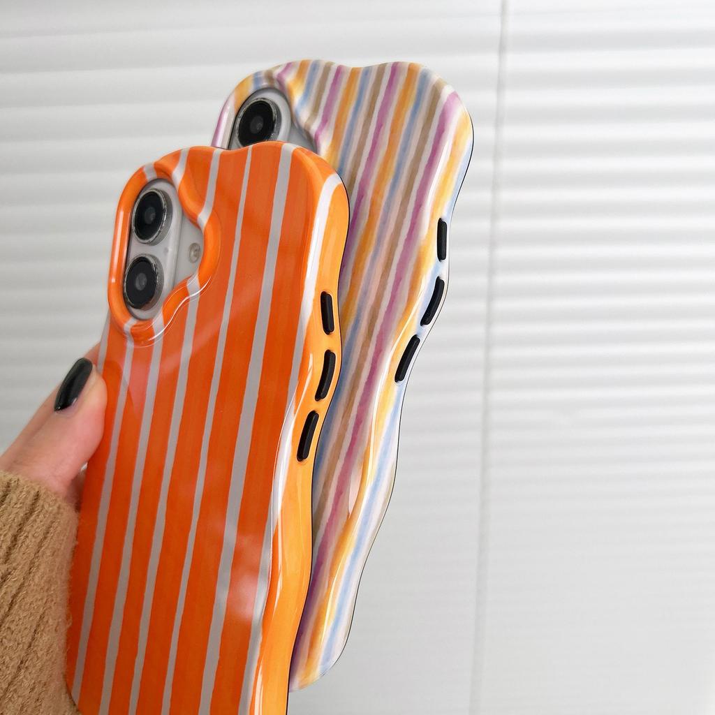 Fashion 2 in 1 Glossy Stripes Phone Case for iPhone 17 Air 13 14 15 16 Pro Max Wave Edges Comfortable Touch Hard Slim Back Cover Shell