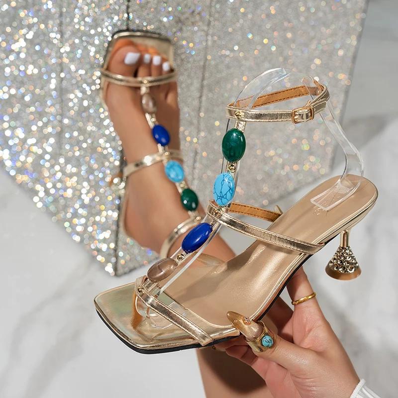 Fashion Crystal High Heels Color Gem Sandals Women Sexy Gold Straps Gladiator Shoes Woman Summer Square Toe Party Dress Pumps Plus Size