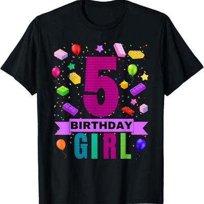 Girl 5 Year Old Building Bricks 5th Birthday Blocks T-Shirt