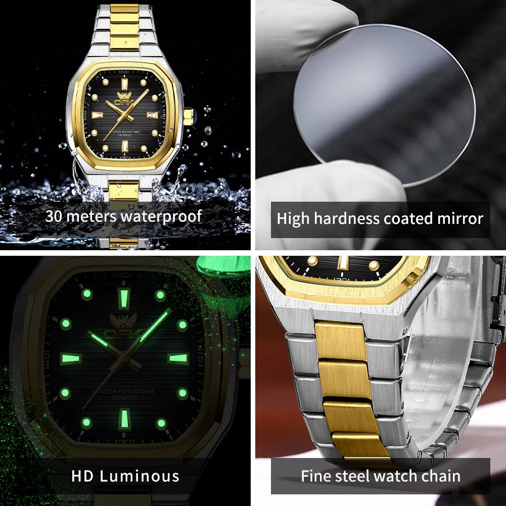 Mens Classic Analog Watch Octagon Square Case Quartz Movement Waterproof Luminous Wrist Watches