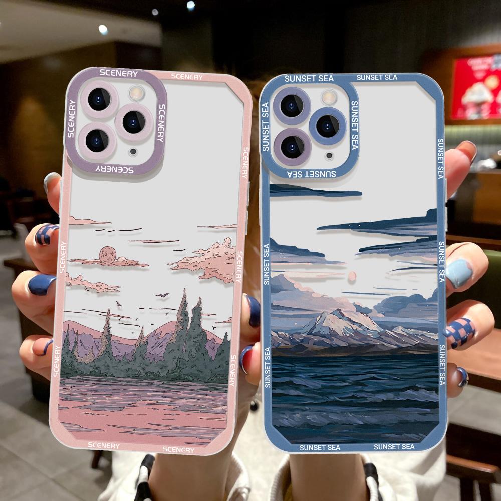 Clear Landscape Phone Case For iPhone 13 Pro Case iPhone 14 15 Pro Max 11 12 Pro XR XS X 7 8 13 12 Mini SE Anime Scenery Cover