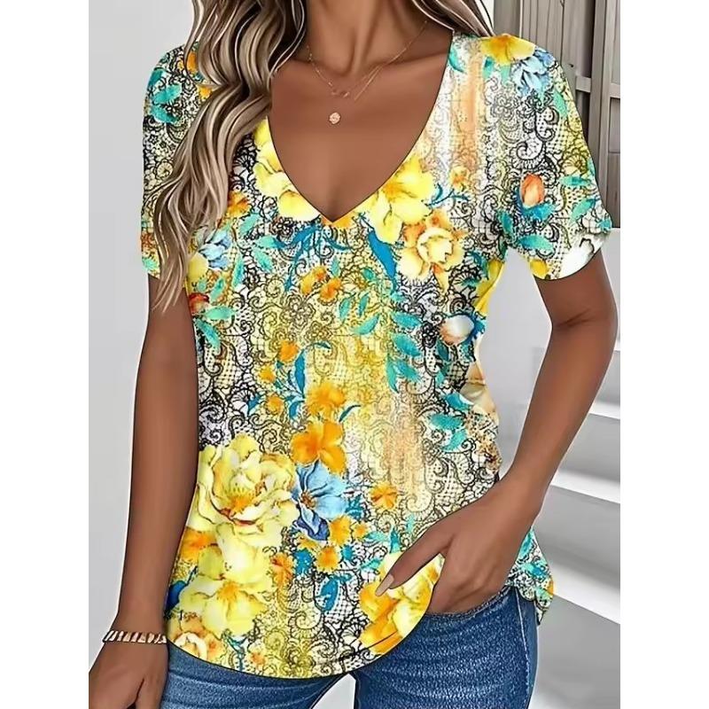 

Women s Summer 3D T-Shirt Plant Flower Print Retro Fashion Casual Short-Sleeved Street Oversized V-Neck Women s Clothing S
