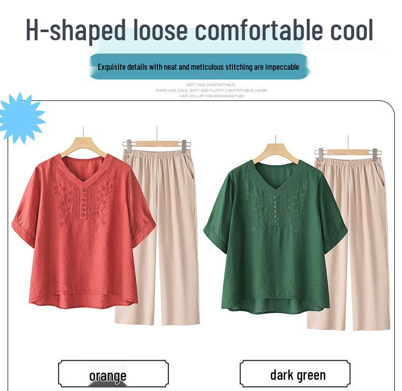 Women's Tencel Linen Embroidered Short-Sleeve T-Shirt & Pants Two-Piece Set - Summer 2025 Collection for Middle-Aged Moms