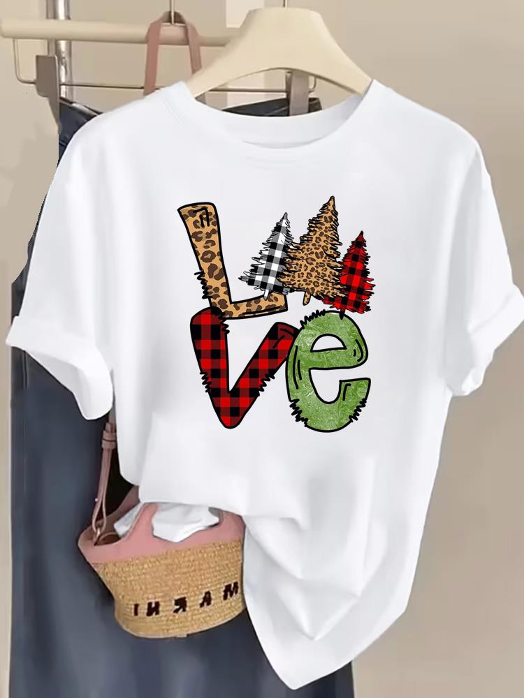(Asian Size) Letter Cute Women Fashion Festival New Year T Shirt Christmas Clothing Tee Top Print Woman Short Sleeve Graphic T-shirts