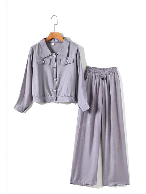 Autumn 2025 Women's Casual Set: Slim Lapel Top & High-Waisted Wide-Leg Pants