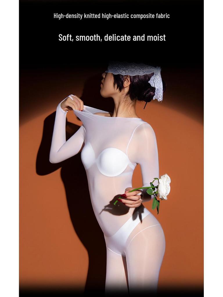 New Arrival: Sexy Seamless Oily One-Piece Stockings - Thin Style, Full Body with Open Crotch & Five-Finger Design