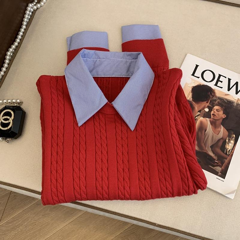 

Женский трикотажный свитер поло весенняя базовая рубашка рубашка-двойка с имитацией многослойности топ прилив XL красный