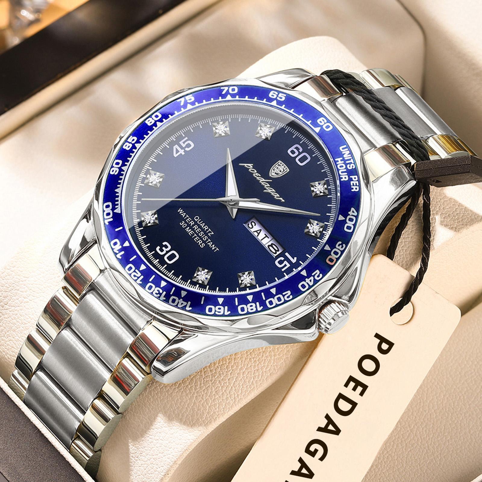 

POEDAGAR Fashion Luxury Man Clock Waterproof Luminous Date Week Wristwatch Stainless Steel Quartz Business Watches for Men синий/серебряный