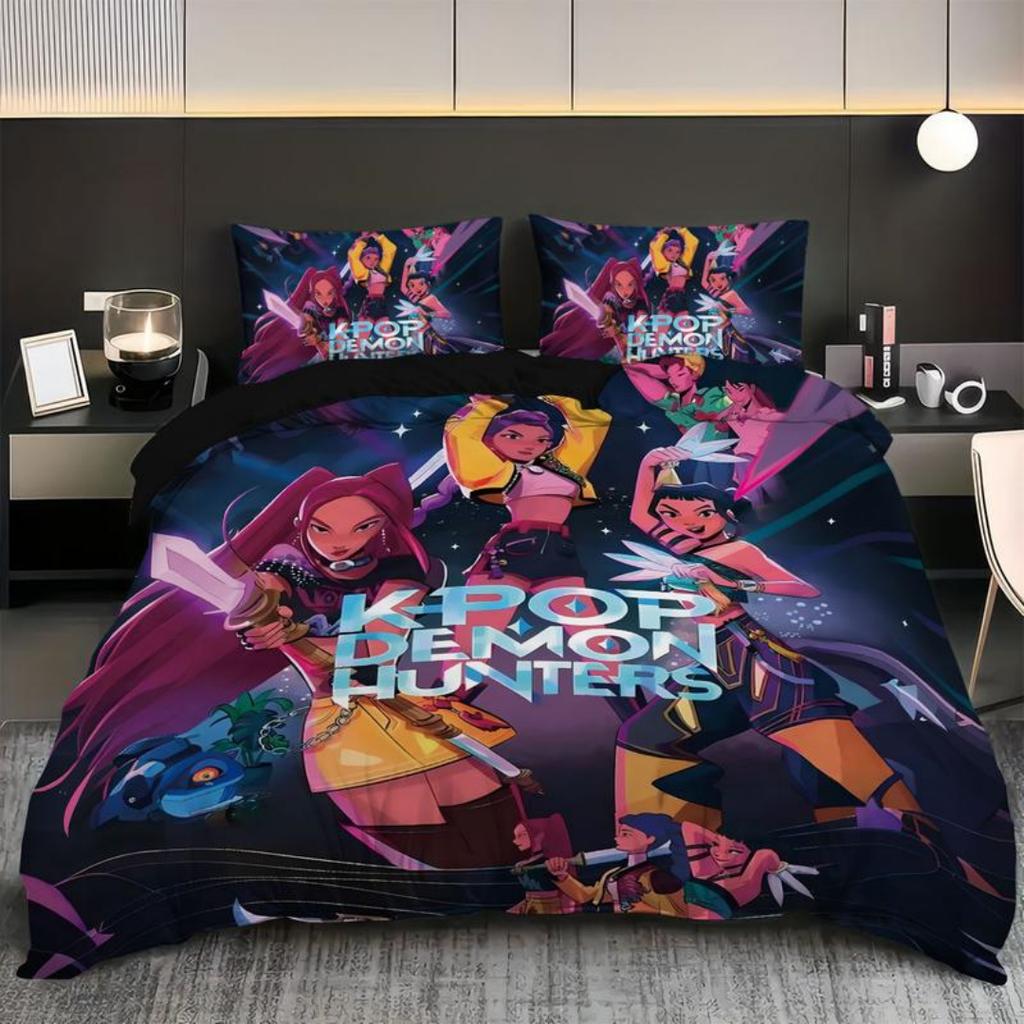 KPop D-Demon Hunters Ložní souprava Jednolůžková Halloweenský kostým Ložní souprava - 2-3dílná Přikrývka Prošívaná přikrývka Povlak na přikrývku Sady povlaků na polštáře