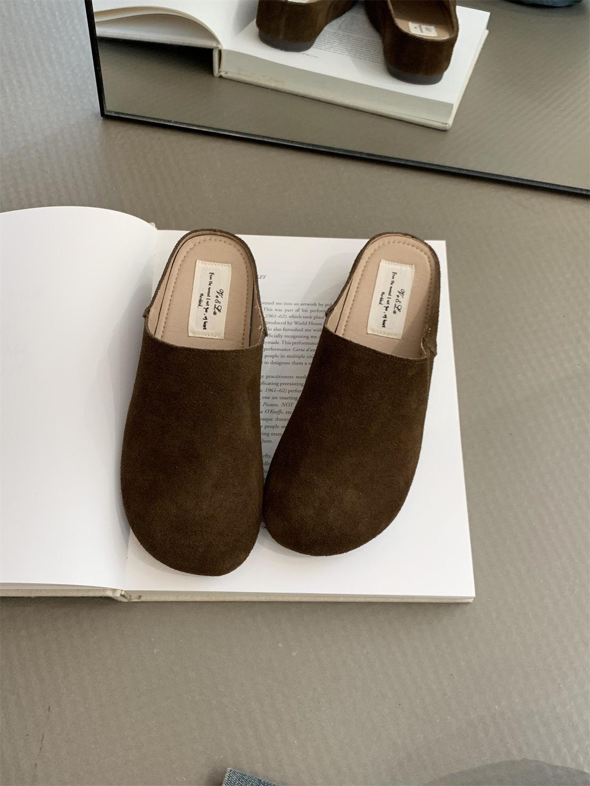 

Cowhide version! Inner heightened thick-soled Birkenstock slippers for women s spring and autumn new Mori retro slope heel bag head half slippers 40