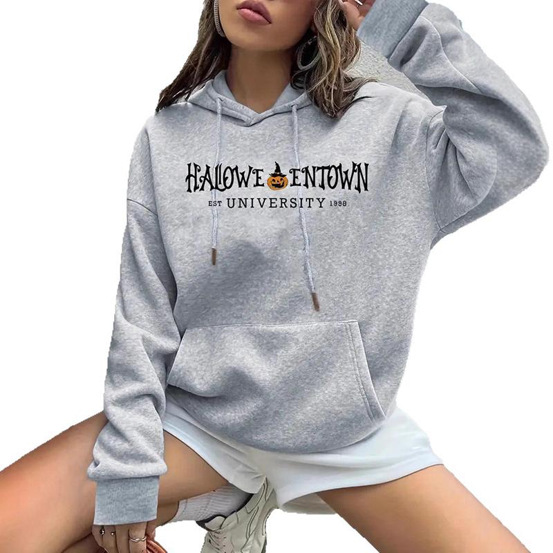 Ladies Spring Autumn Casual Hooded Long Sleeve Big Pocket Halloween Printed Pullover Hoodies Sweatshirt Top