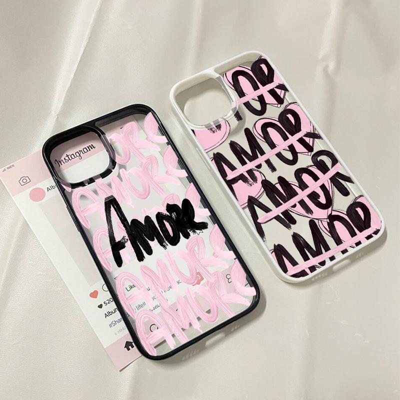 Amore-Love Italian Romantic Pink Lettering Phone Case for IPhone 16 12 13 Mini 11 17 14 15 Pro Max XR 7 8 Plus Shockproof Cover