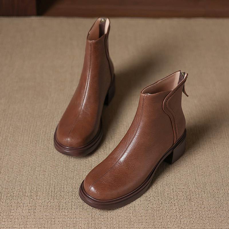 Krazing Pot Cow Skin Round Toe Thick Heels Chelsea Boots Size 42 Back Zip Women Keep Warm Ankle Boots