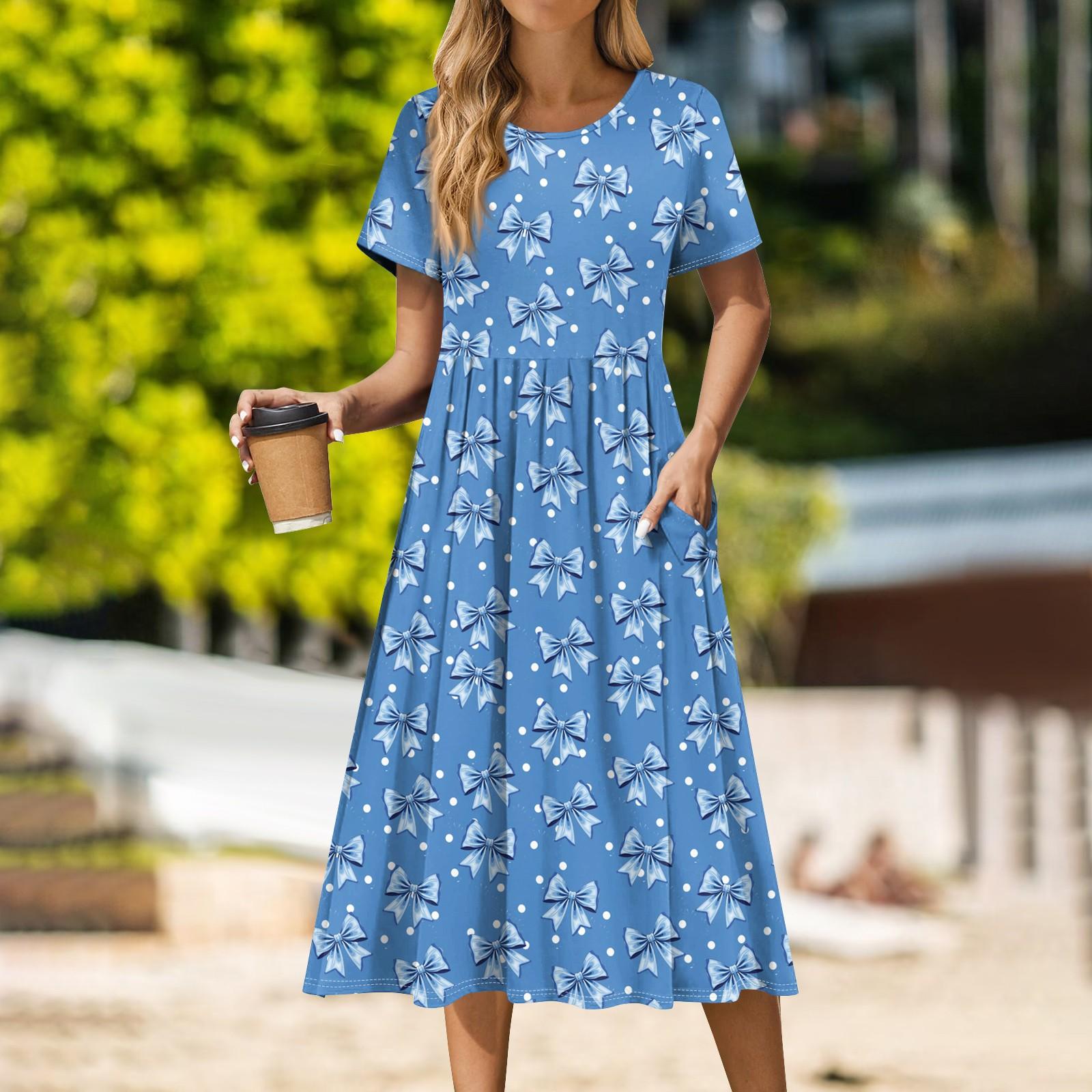 

Женское повседневное платье миди с круглым вырезом и принтом, классическое повседневное свободное платье с коротким рукавом, летнее XXXL